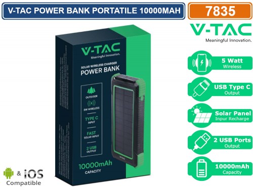 SKU 7835 - VT-11111 - Power Bank 10.000 mAh con Pannello Solare e Ricarica  Wireless Colore Nero