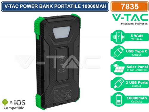 VT-10000 Power Bank 10000mAh Ricarica Rapida PD Nero V-Tac