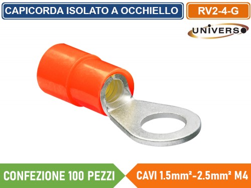 Gasiashop - RV2-4 - CONFEZIONE 100 PEZZI CAPICORDA TERMINALE AD OCCHIELLO  ISOLATO PER CAVI DA 1.5 mm² a 2.5 mm² M4