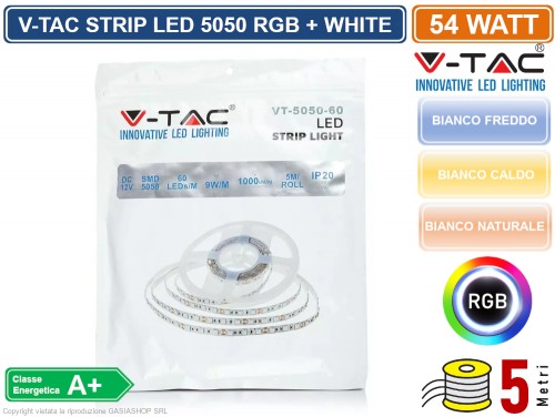 Gasiashop - VT-5050 60 IP65 - V-TAC STRISCIA LED 5050 IMPERMEABILE  MONOCOLORE 300 LED BOBINA DA 5 METRI IP65 - SKU 212149-212150-212148