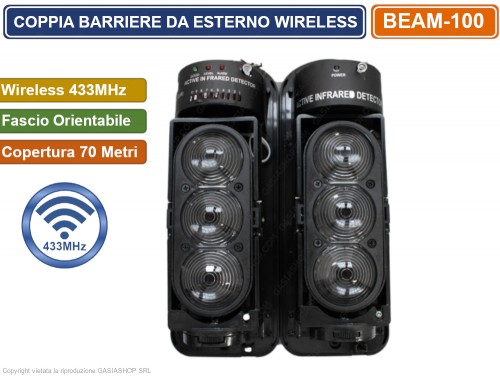 BEAM-100 - COPPIA BARRIERA PERIMETRALI INFRAROSSI WIRELESS 433 MHz E  CABLATE DISTANZA COPERTURA 70 METRI PER ANTIFURTO - Gasiashop