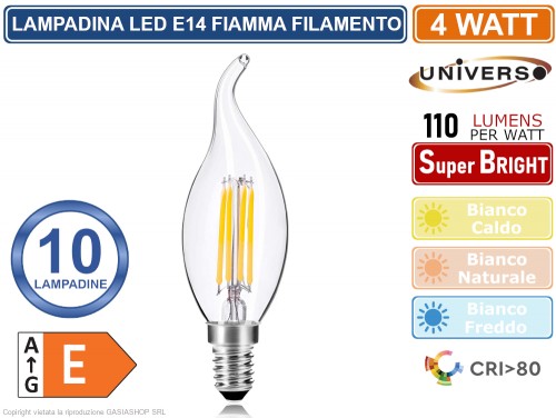 10 Lampadine LED 4W dimmerabili, trasparenti candela attacco E14, 4000K