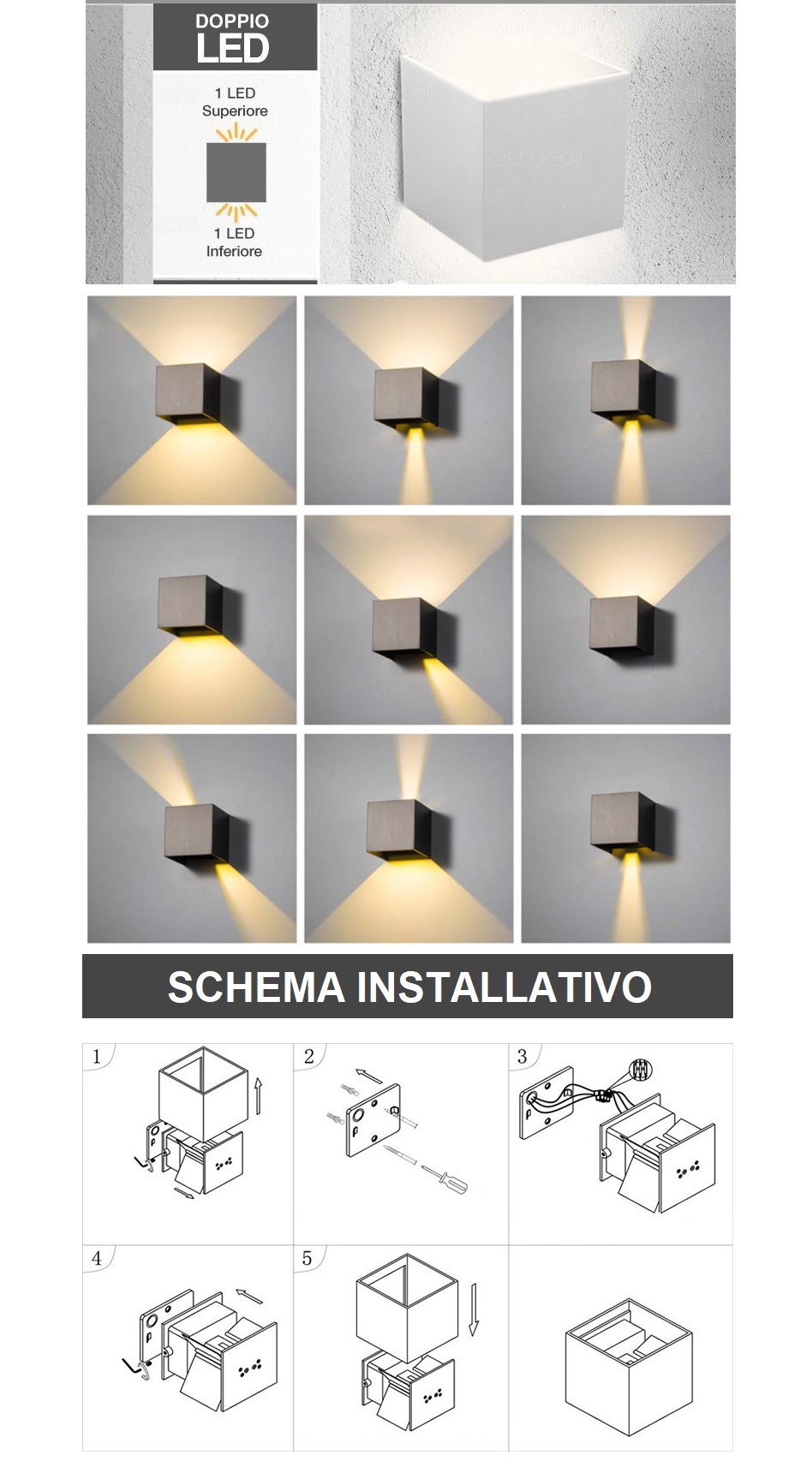 Gasiashop - VT-759 - V-TAC VT-759 LAMPADA DA MURO WALL LIGHT GRIGIA CON DOPPIO  LED COB 6W IP65 - SKU 7080 / 7089