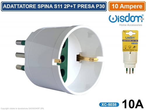 XC-5038 - ADATTATORE SINGOLO SPINA S11 10A 2P+T CON PRESA SCHUKO + 10A 2P+T  COLORE BIANCO - Gasiashop