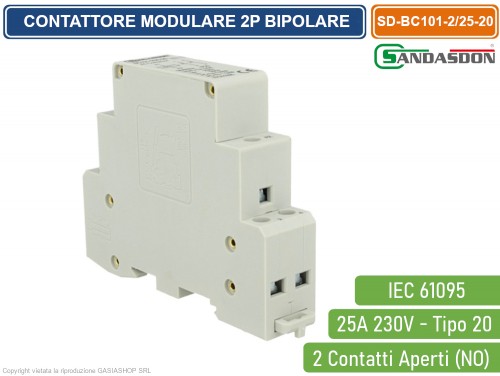 Gasiashop - SD-BC101-2/25-20 - SANDASDON CONTATTORE MODULARE SU BARRA DIN  2P BIPOLARE 25A 230V 2 CONTATTI APERTI NO TIPO 20