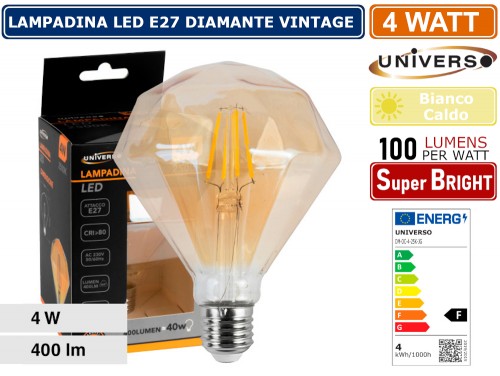 Gasiashop - DM-OC - LAMPADINA LED VINTAGE A FORMA DI DIAMANTE E27 4W VETRO  AMBRATO FILAMENTO LUCE CALDA 2500K PUB TAVERNE