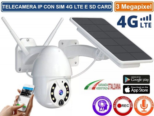 Gasiashop - 82429-4G - TELECAMERA SPEED DOME MOTORIZZATA IP CON PANNELLO  SOLARE 4G LTE SIM GSM REGISTRA SU SD CARD 3MP CON AUDIO BIDIREZIONALE IP66