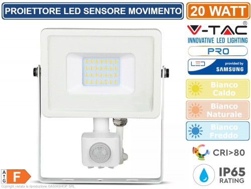 V-Tac Pro VT-20-S Faro LED Chip Samsung 20W Nero con Sensore di