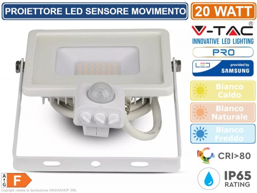 V-Tac Pro VT-20-S Faro LED Chip Samsung 20W Nero con Sensore di Movimento -  SKU 451, 452