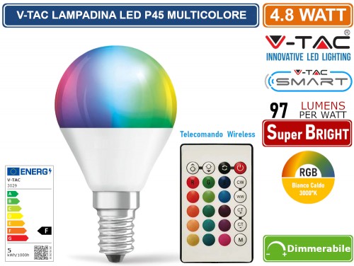 Gasiashop - VT-2234 - V-TAC SMART VT-2234 LAMPADINA LED SMD E14 4.8W  MINIGLOBO P45 RGB+W DIMMERABILE CON TELECOMANDO - SKU 3029