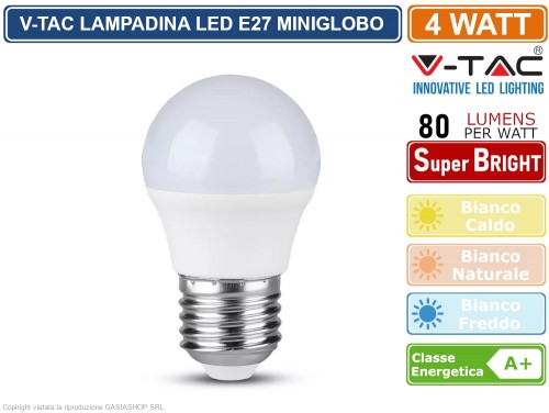 VT-1830 - V-TAC VT-1830 LAMPADINA LED E27 4W MINIGLOBO G45 - SKU 4160 /  4162 / 4207 - Gasiashop