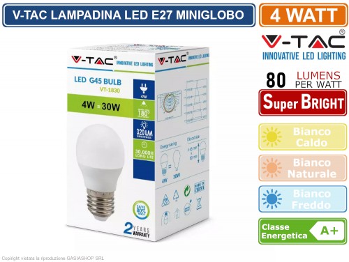 Lampadina a led miniglobo v-tac 4w e14 luce fredda 6000k