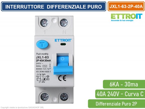 Interruttore magnetotermico differenziale puro 2P, 2 moduli, Tipo AC,  240Vac, 40A, 30mA, 6KA - Ettroit JX324061