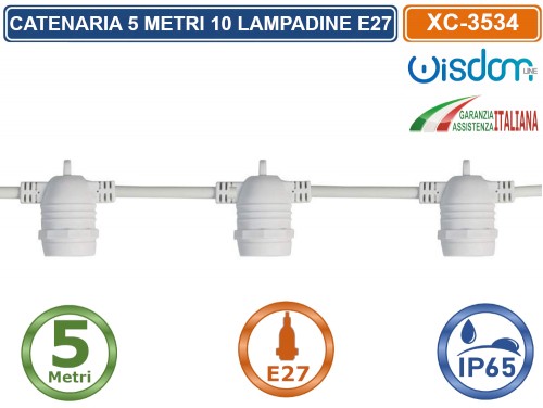 Gasiashop - XC-3534 - CATENA CATENARIA LUMINOSA 5 METRI BIANCA PER 10  LAMPADINE LED E27 PER ESTERNO IP65