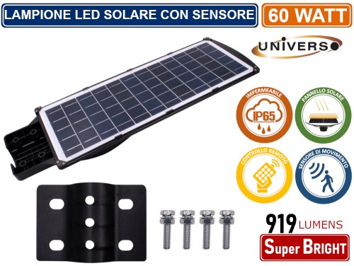 S02B-60W - LAMPIONE STRADALE LED 60W CON PANNELLO SOLARE FOTOVOLTAICO E  SENSORE DI MOVIMENTO IP65 919 LUMEN - Gasiashop