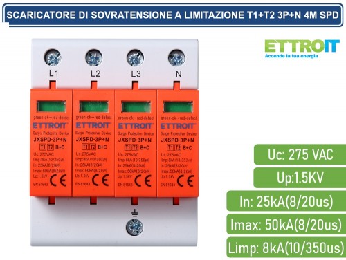 Scaricatore di sovratensione 1P+N, SPD a limitazione, 1 modulo, 275Vac,  Tipo T2, 20KA, 40KA 