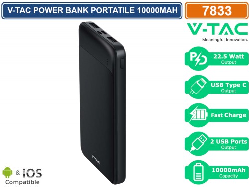 Gasiashop - VT-10005 - V-TAC VT-10005 POWER BANK PORTATILE 10000MAH CON  RICARICA RAPIDA PD E INDICATORE LED DI CARICA COLORE NERO & BIANCO - SKU  7833 7834