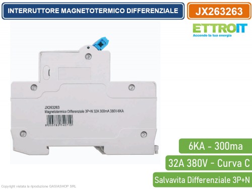 Interruttore Magnetotermico Differenziale Trifase 30mA - 3P+N 32A 380V, 6KA, Per Quadri Elettrici (4 Moduli DIN)