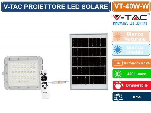 V-TAC SKU 8577 FARO LED 40W NATURALE BATTERIE CON PANNELLO SOLARE VT-200W