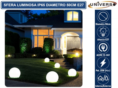 ES50-500 - LAMPADA A SFERA BIANCA DA GIARDINO 50CM CON ATTACCO E27 MAX 25W DA INTERNO ED ESTERNO IP65