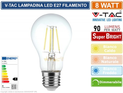 Gasiashop - VT-2288D - V-TAC VT-2288D LAMPADINA LED E27 8W BULB A60 GOCCIA  FILAMENT DIMMERABILE VETRO TRASPARENTE - SKU 212815