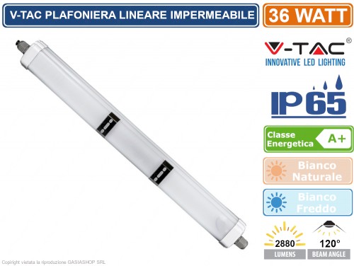 V-TAC VT-1249 Plafoniera led 36W 120cm da esterno tubo 120lm/w IP65 luce  bianco freddo 6400K raccordabile - sku 216284