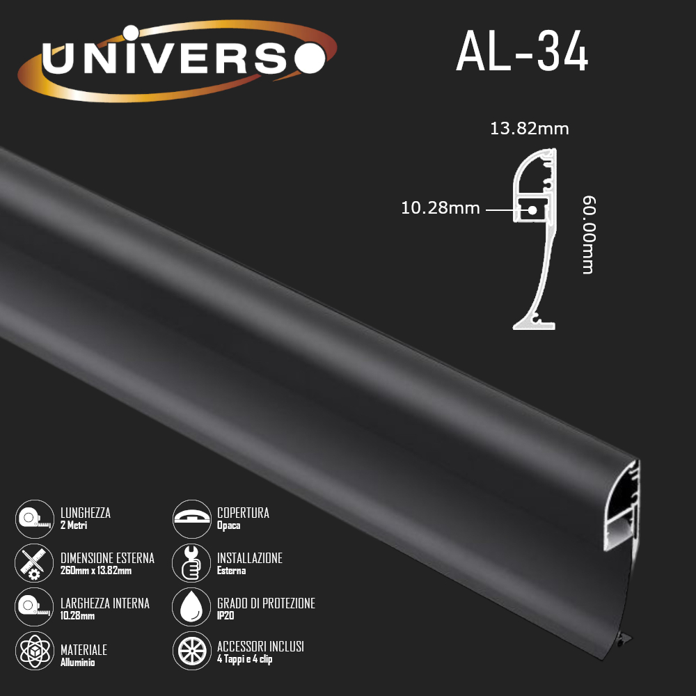 Profilo Angolare In Alluminio Nero Per LED 200 Cm - Con Copertura Opale Per Strisce 12 Mm
