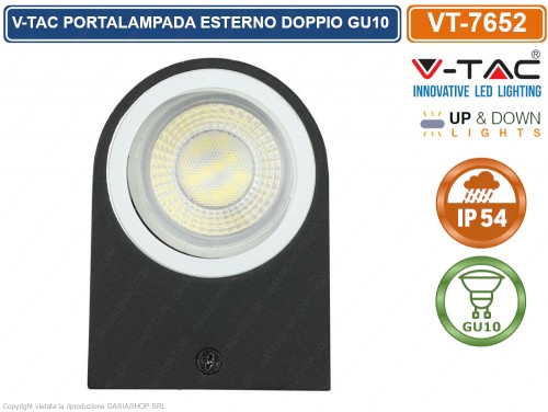 Gasiashop - VT-7652 - V-TAC VT-7652 PORTALAMPADA DOPPIO WALL LIGHT DA MURO  PER 2 LAMPADINE GU10 IP44 NERO - SKU 7509