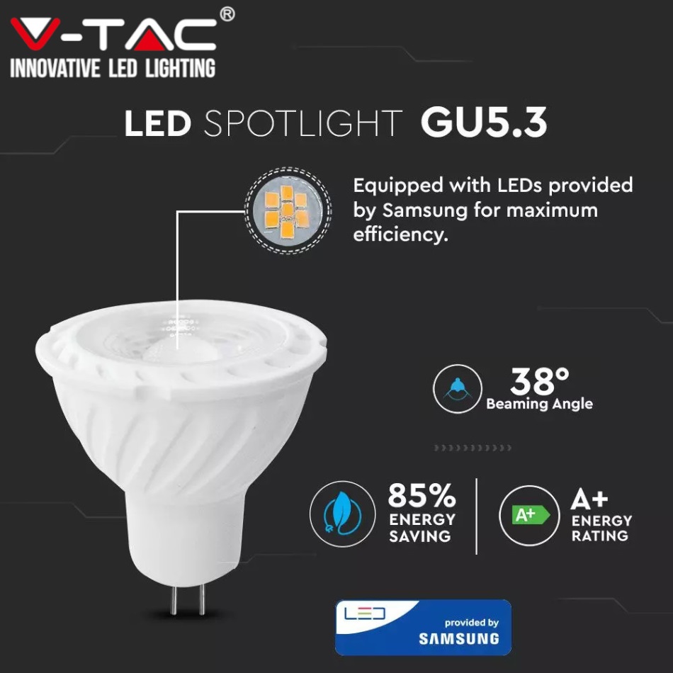 Gasiashop - VT-267 - V-TAC PRO VT-267 LAMPADINA LED GU5.3 (MR16) 6,5W  FARETTO SPOTLIGHT CHIP SAMSUNG - SKU 207 / 208 / 209