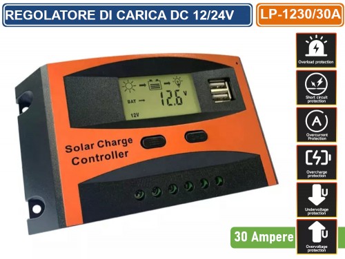 Gasiashop - CM5024Z-50A - REGOLATORE DI CARICA PWM PER PANNELLI SOLARI 50A  DC 12/24V AUTOSELEZIONE CON DISPLAY