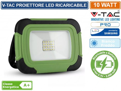 V-TAC VT-10-R Faro led 10W chip samsung ricaricabile a batteria