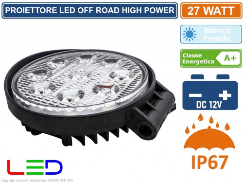 VOL-0627 - FARO PROIETTORE LED OFF ROAD LUCE DI LAVORO SUPPLEMENTARE 12V  27W PER JEEP FUORISTRADA IP67 CIRCOLARE - Gasiashop