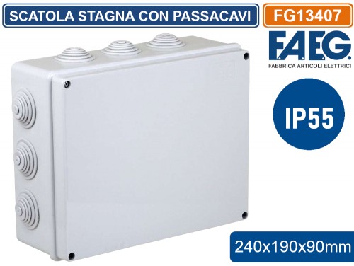 FG13407 - SCATOLA STAGNA DI DERIVAZIONE RETTANGOLARE CON COPERCHIO CON VITI  IN METALLO 240X190X90MM CON 12 PASSACAVI IP55 FAEG- FG13407 - Gasiashop