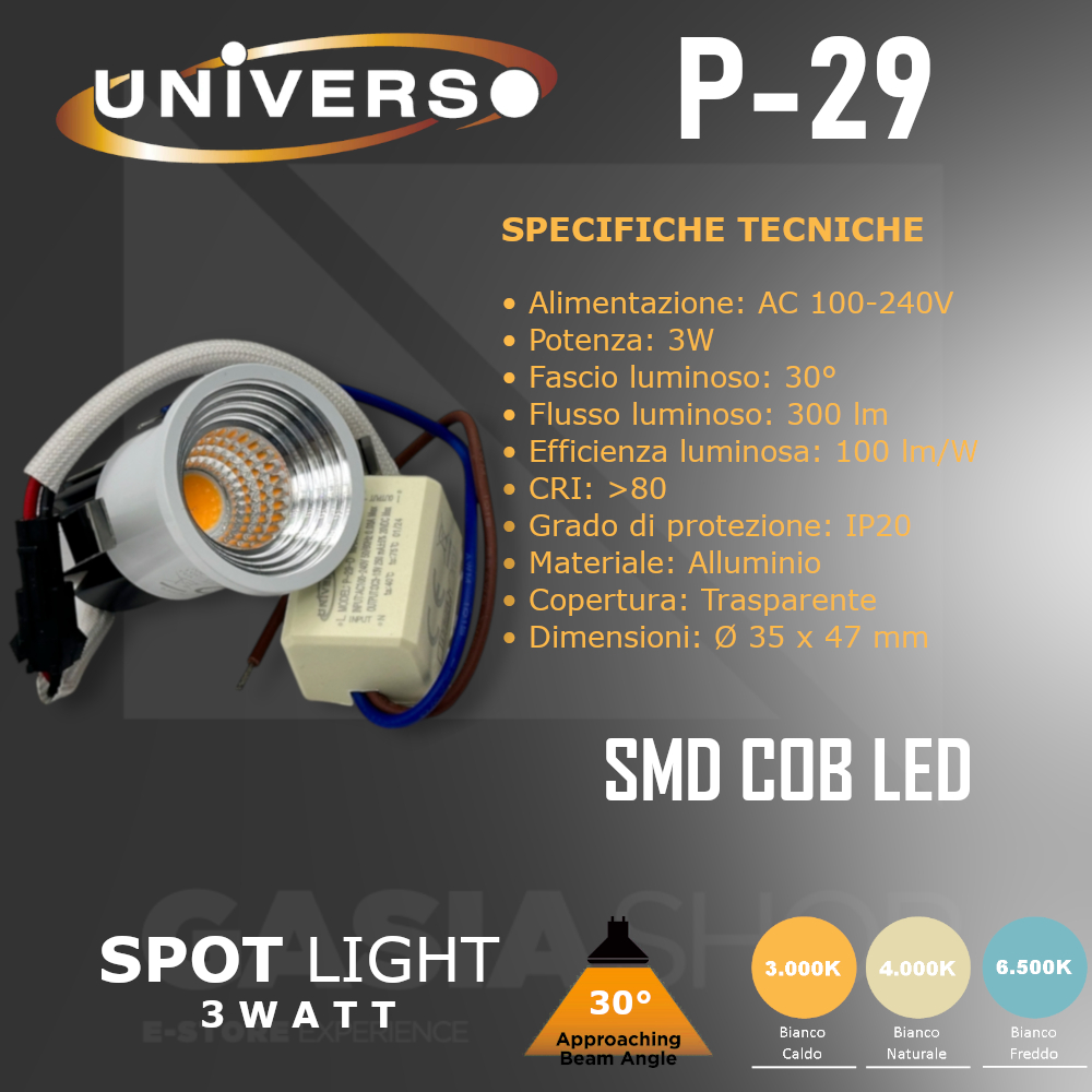 Faretto LED incasso orientabile spot 3W punto luce vetrina scale IP20 foro 45mm 4000K colore silver