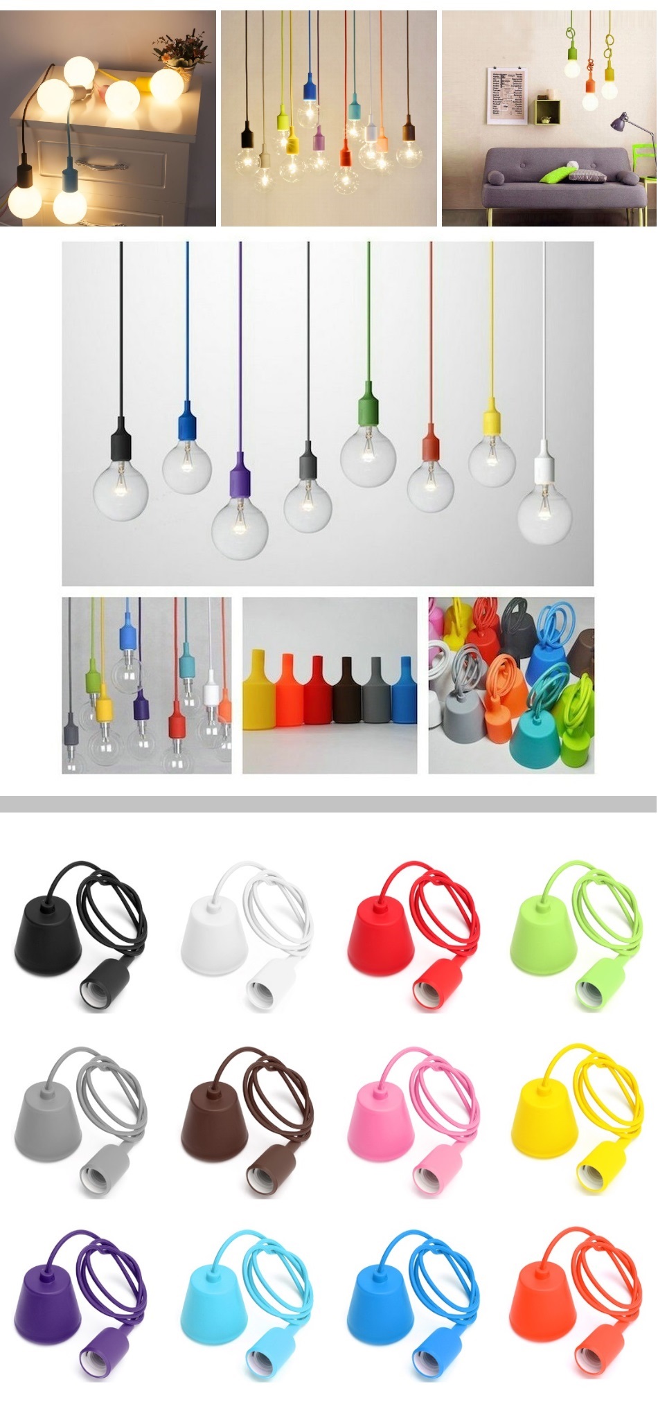 Gasiashop - VT-7228 - PORTALAMPADA LAMPADARIO A SOSPENSIONE IN SILICONE  COLORATI E27 LAMPADINA LED