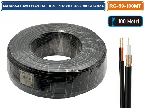 Cavo Coassiale RG59 + 2 Fili Alimentazione 50m, 0.58mm, Per Telecamere CCTV E Videosorveglianza, Uso Interno/esterno
