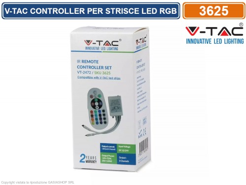 Gasiashop - 3625 - V-TAC CONTROLLER PER STRISCE LED RGB CON TELECOMANDO 24  TASTI - SKU 3625